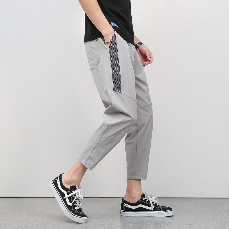 Korean Summer Men'S Thin Splicing 9-Point Pants Ice Silk Ventilation Trend Straight Tube Loose Elastic Legged Casual Trousers