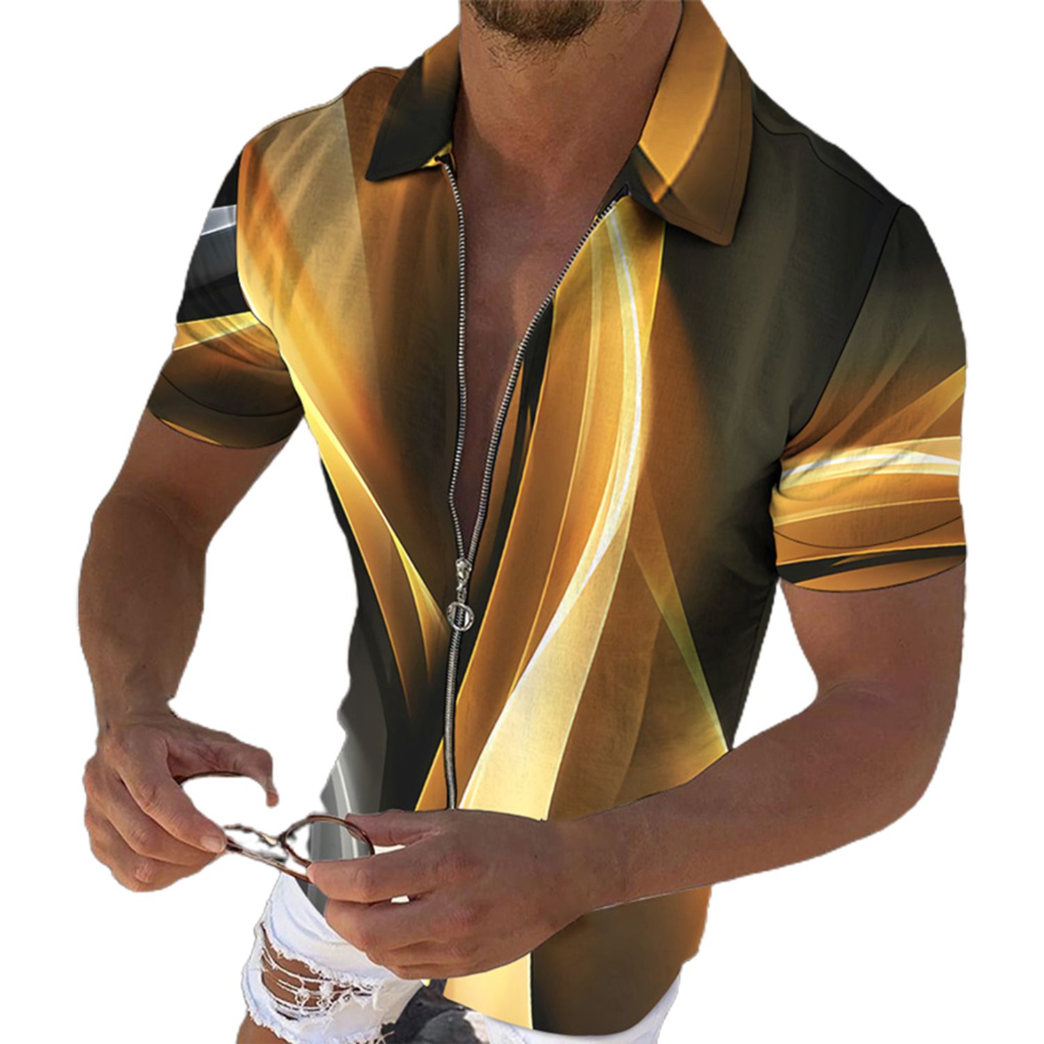 Summer T-shirt 3D Gradient Print Men Zipper Closure Business T-shirt