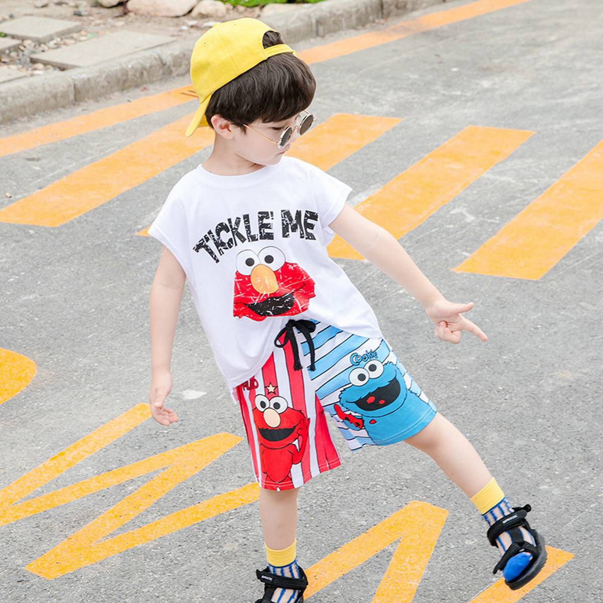 Children Boys Summer Comfortable Short Sleeve Cute Cartoon Print T-Shirt + Cotton Shorts Two-Piece