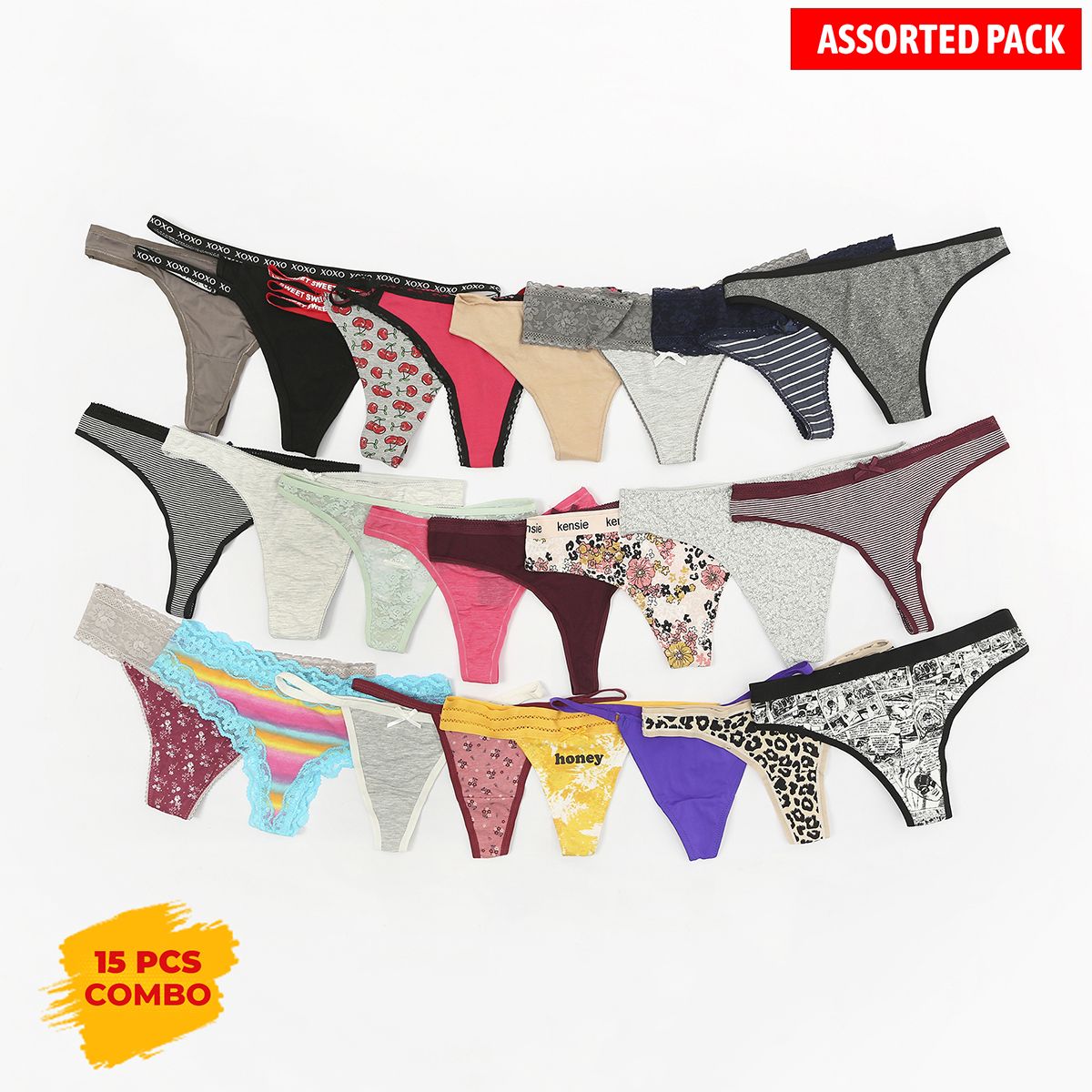 Pack of 15 Assorted Multicolor Ladies Premium Sexy Thong Cotton Lace Hipster Panty