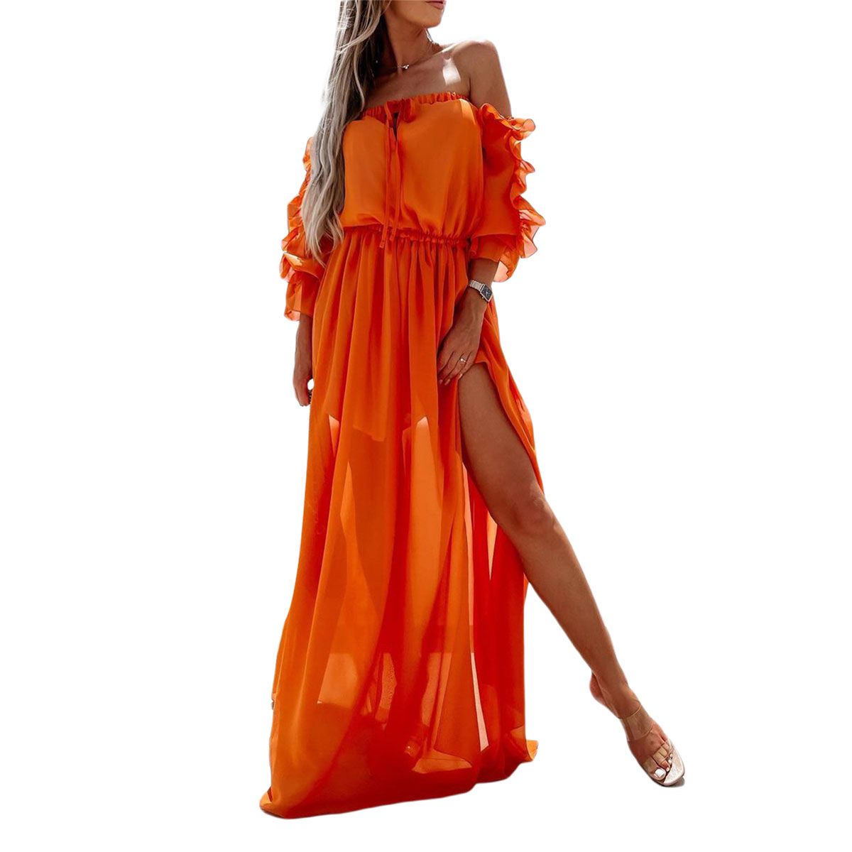 Women Solid Color Long Dress, 3/4 Sleeve Off-shoulder Side Split Elastic Waist Dress with Ruffles