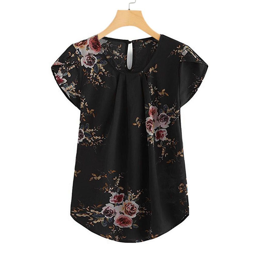 gant Loose Top Women Casual Round Neck Basic Floral Pleated Top Cap Short Sleeve Shirt Blouse