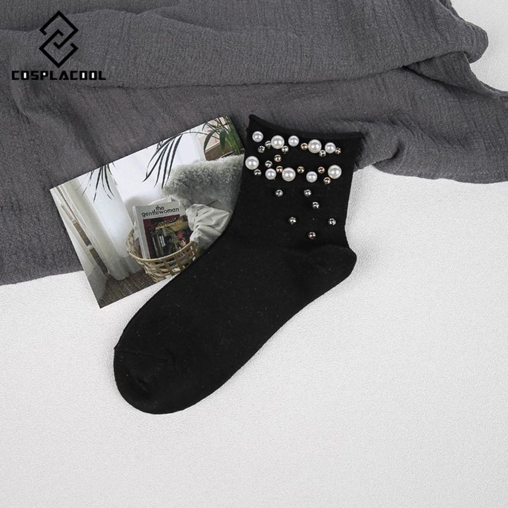 [COSPLACOOL]New Handmade Pearl Gold Silver Cute Fashion Cotton Edge Socks Women Funny Short Meias Girl Harajuku Calcetines Mujer