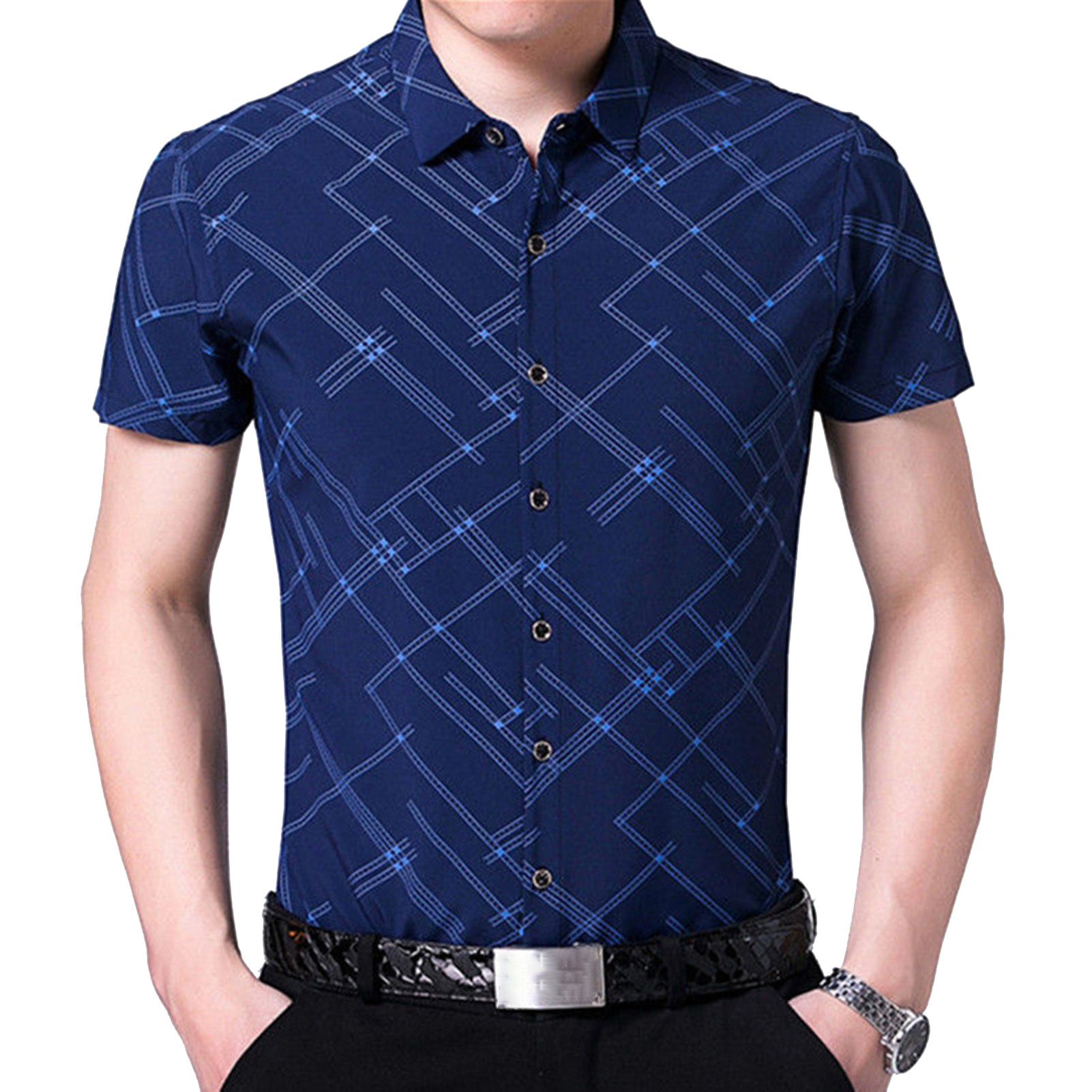 Summer Shirt Diagonal Stripes Buttons Polyester Turndown Collar T-shirt for Party