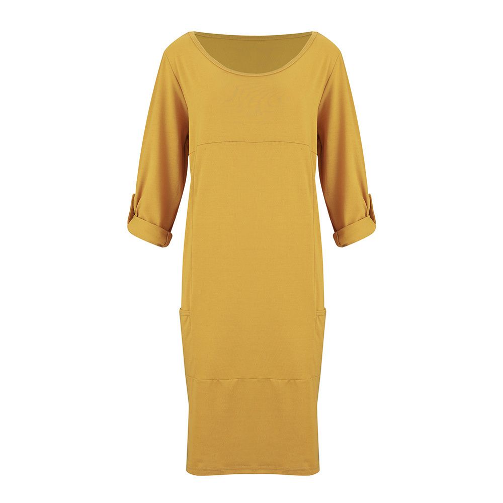 Dress for Women Beautiful and Fashionable Pure Color without Pattern Loose Style Medium Length Round-Shaped Collar and Long Sleeve Women’ s Dress with Pockets Design