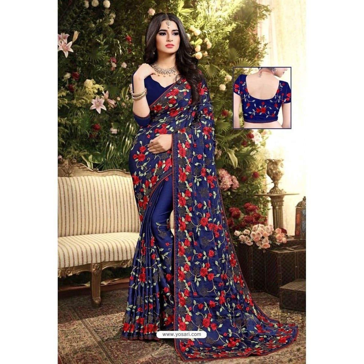 Navy Blue Stylish Geoegette Saree For Women