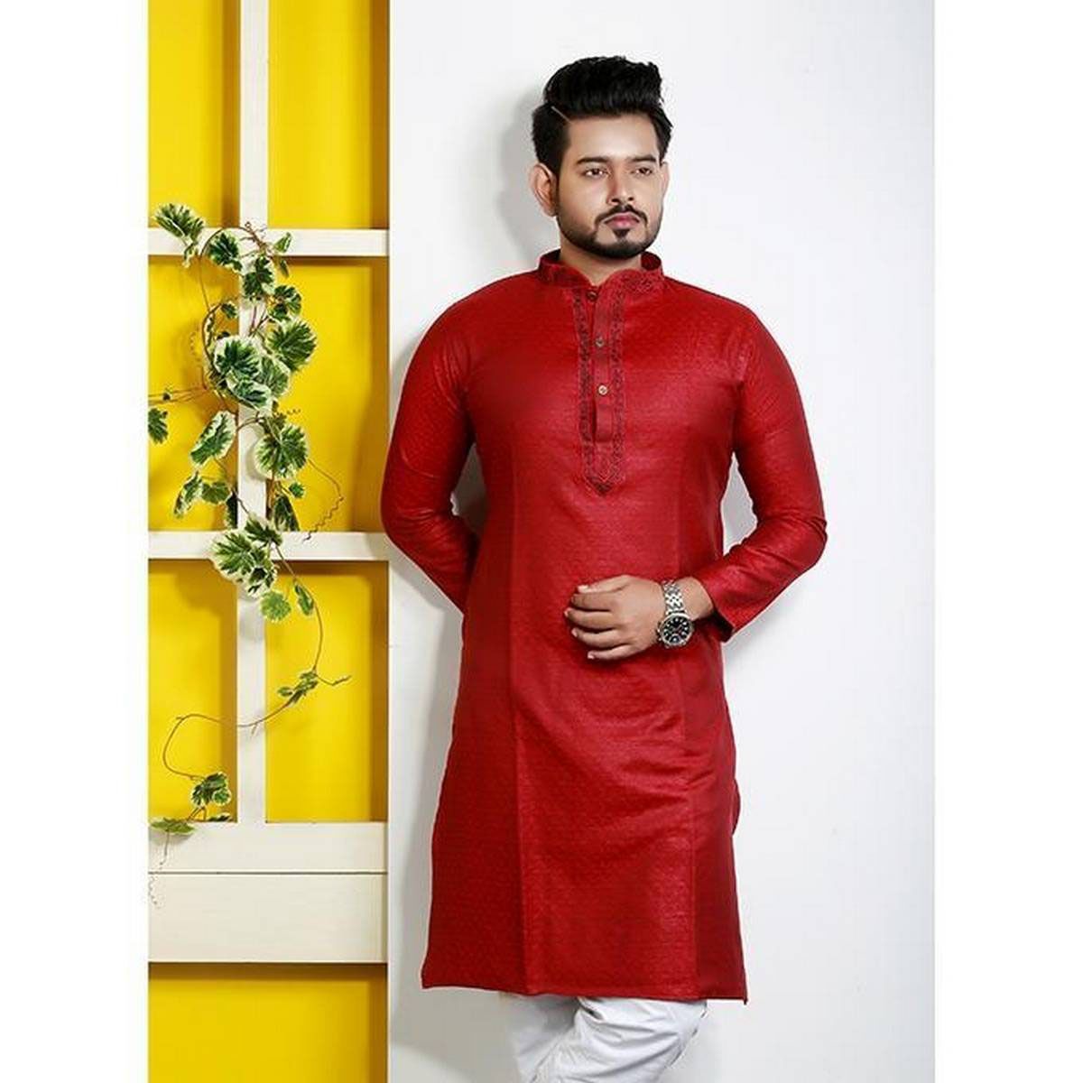 Red Piaz Cotton Semi - Long Punjabi for Men