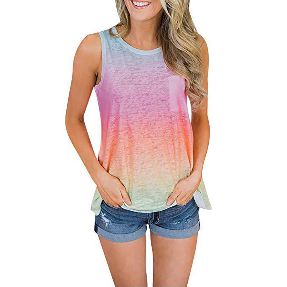 Women Summer O Neck Sleeveless Gradient Color Pocket Vest T-shirt