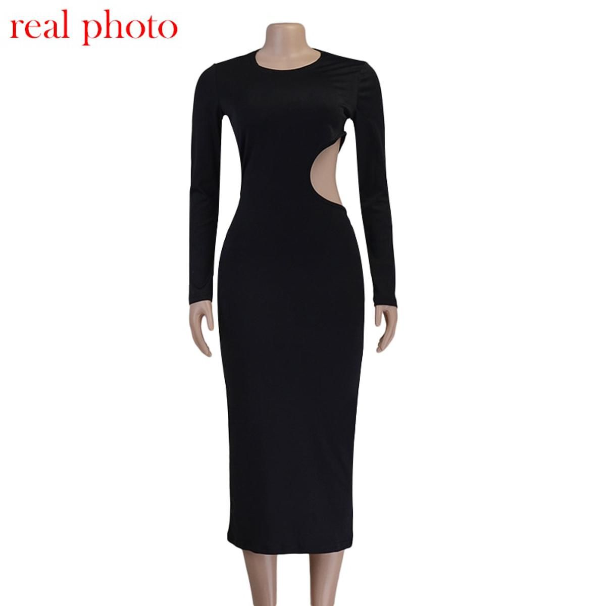 Cryptographic  Black Cut Out Round Neck Long Dress Women Elegant Long Sleeve Club Party 2022 Spring Dresses Skinny Clothes