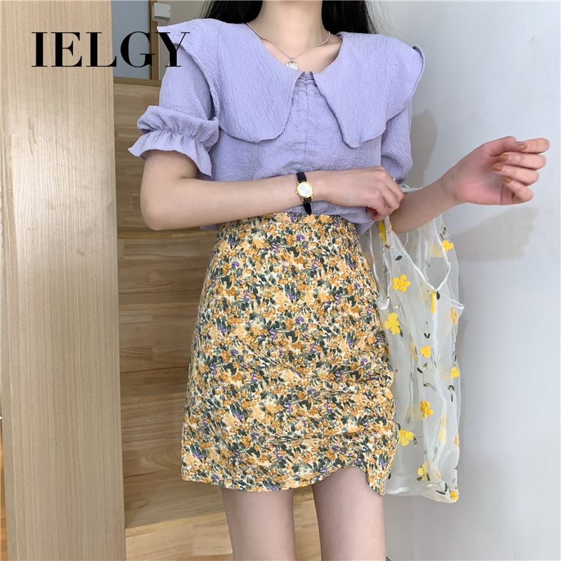 IELGY half-length skirt female Korean version was thin and high-waisted short skirt wild irregular floral skirt