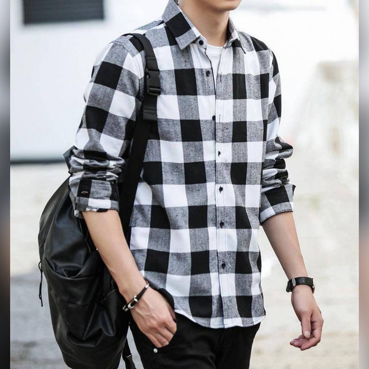 Streetwear Button Down Plaid Slim Fit Long-Sleeved Cotton Casual Shirt For Men - Shirt For Men - Shirt