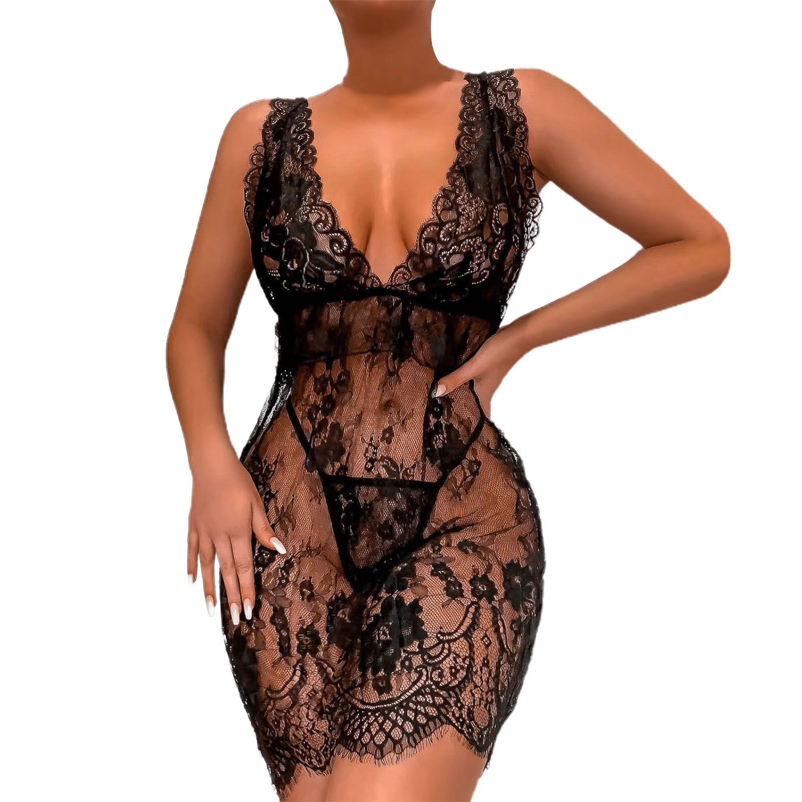 Sunnyheart Female Nightclothes Solid Color Transparent Floral Le Nightdress