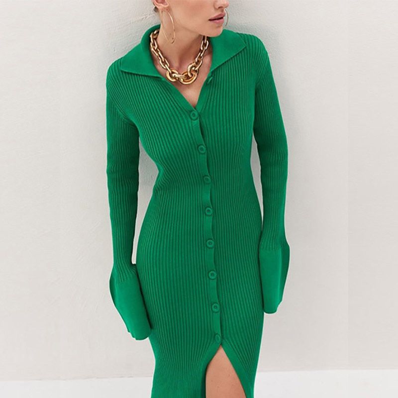 Y2K Women Bodycon Knitted Dress Lady Single ed Lanter Sleeve Elegant Female Turn Down Collar Mid Split Slim Dresses Autumn
