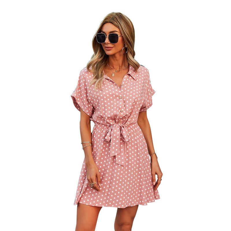 Beach Summer Shirt Dress Polka Dot Vintage High Waist Mini Casual Women Dresses Loose Short Sleeve Single-Breasted Slim Robe