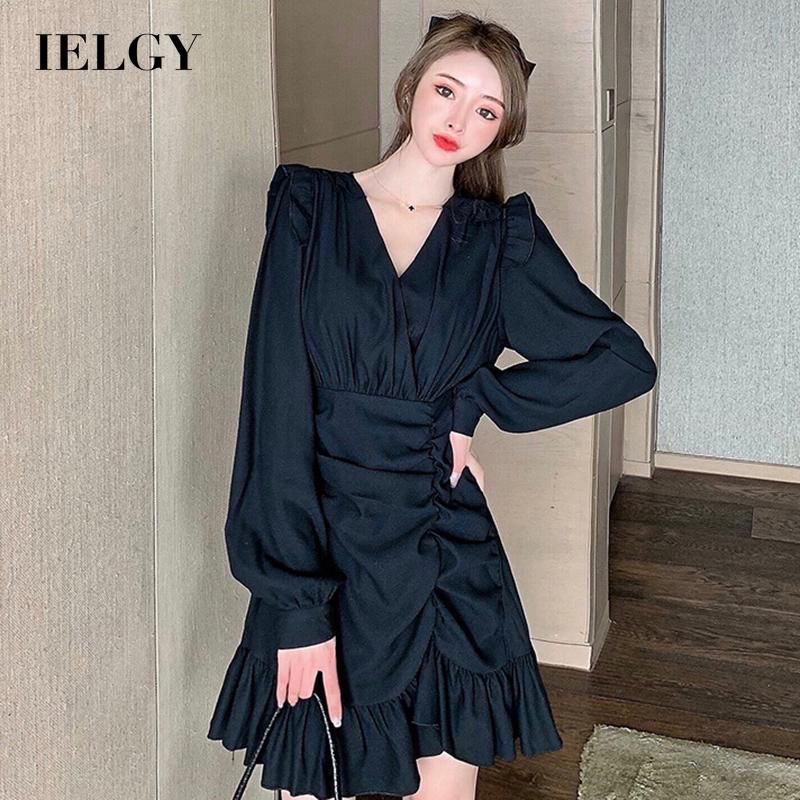 IELGY Fashion Solid color Pleated Niche Thin Dress Long sleeves Short Temperament V-neck