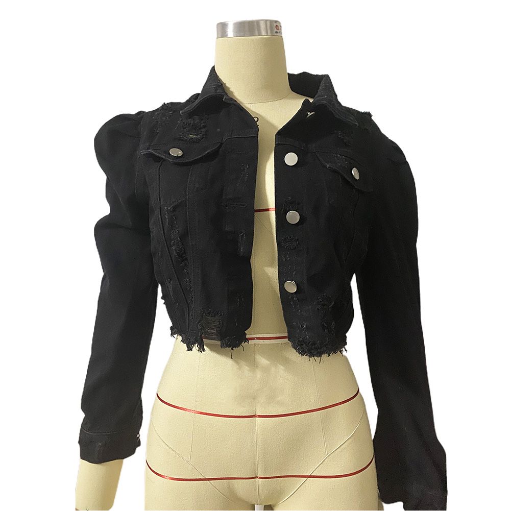 Autumn Women Long Sleeve Pocket Ripped Denim Jacket Streetwear Short Coat