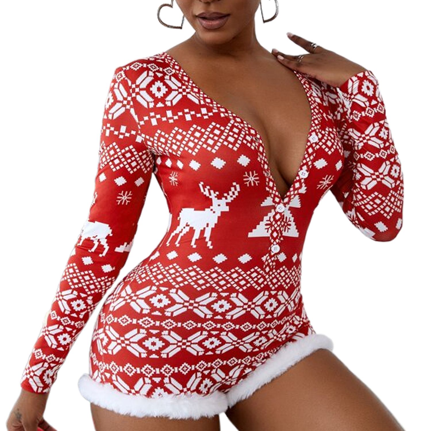 Women Christmas Printed Pattern Playsuit, Red Long Sleeve Deep V-neck Bodycon One-piece, S/ M/ L