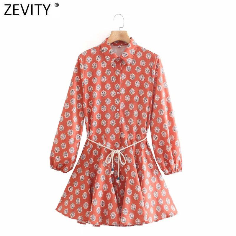Women Vintage Totem Floral Print Big Swing Ruffles Mini Shirt Dress Female Chic ed Lace Up Sashes Vestidos DS8133
