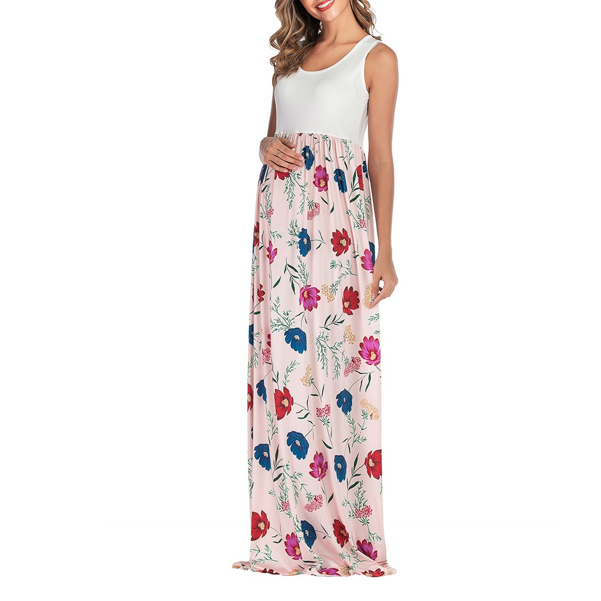 Maternity Dress Long Length Women Sleeveless Round Neck Dress Casual Floral Print Women