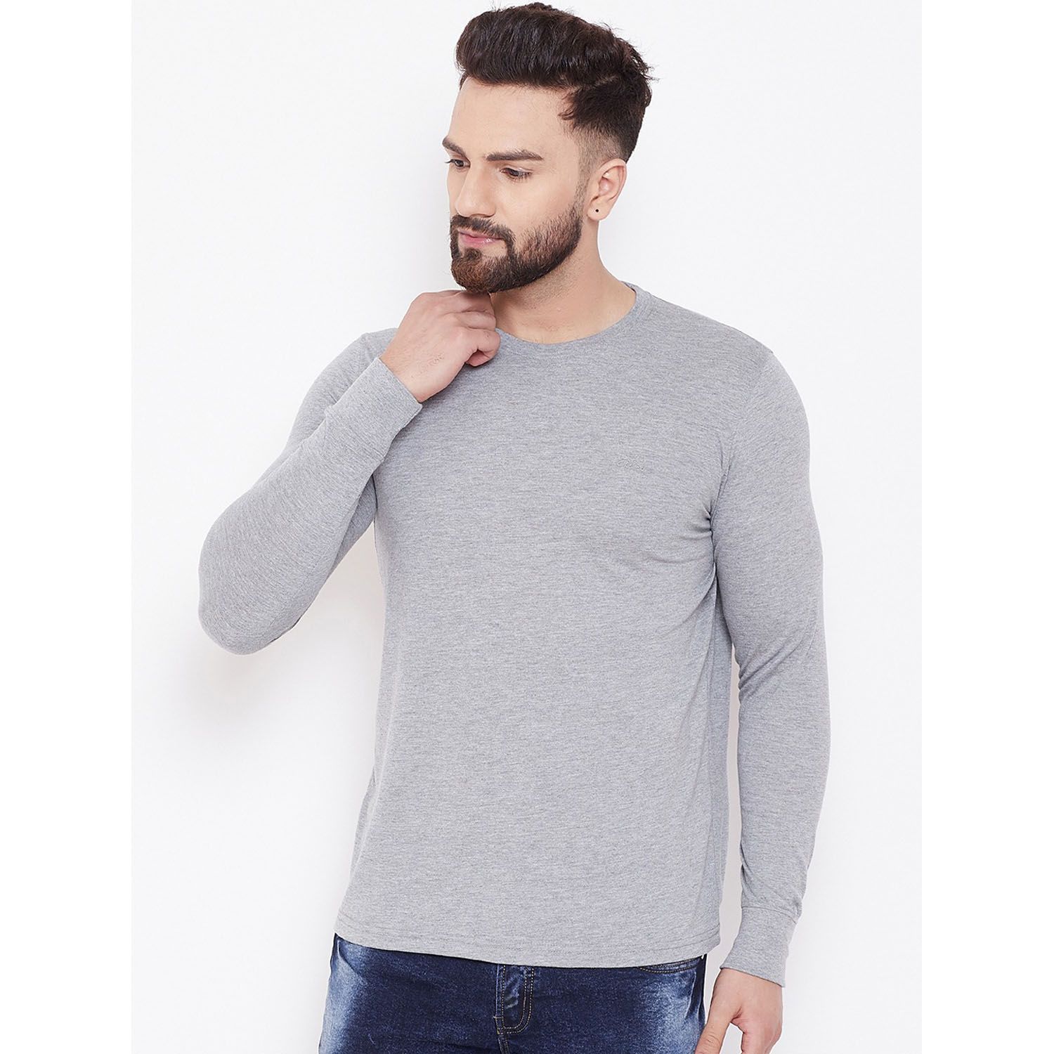 Men Grey Slim Fit Solid Round Neck T-shirt