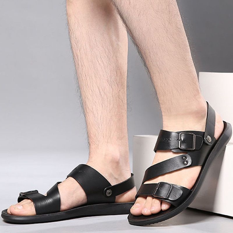 fashion Men Sandals outdoor Solid Color Leather Men Summer Shoes Casual Comfortable Open Toe Sandals Soft Beach sandals Footwear