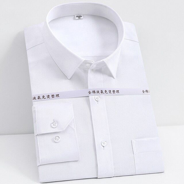 Men's Office Classic Non Iron Solid Dress Shirt Single Patch Pocket Long Sleeve Regular-fit Formal Business Work Cotton  Shirts