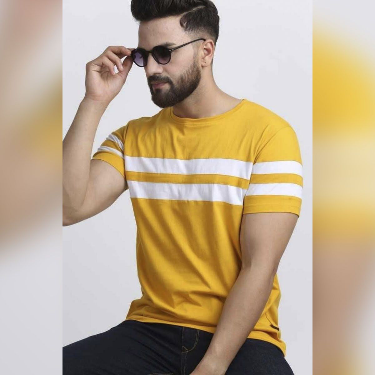 Yellow And White Cotton Short Sleeve T Shirt For Men