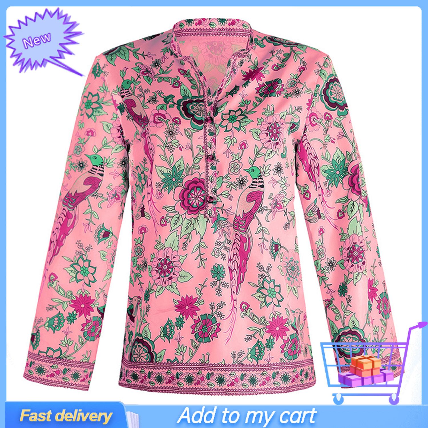 Women Shirt Peacock Floral Print Buttons Autumn Loose Long Sleeve Blouse for Daily Wear