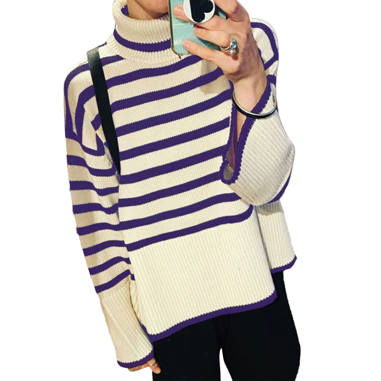 Pullover Sweater Stretchy Striped Patchwork Split Hem Knitted Top