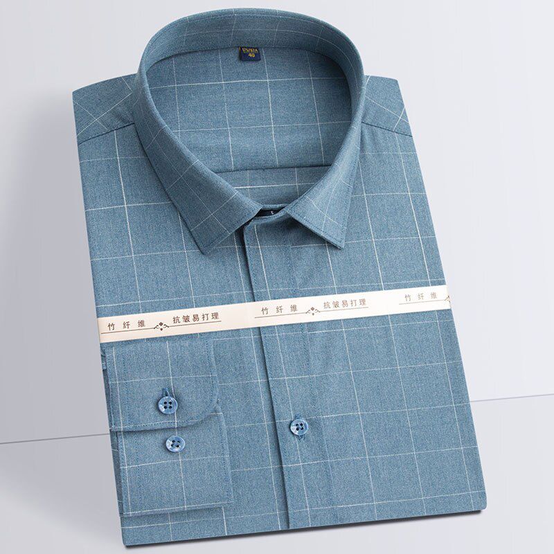 Man's Plaid Shirt Long Sleeve Stretch Bamboo Fiber Men Dress Shirt for Office Business Soft Comfortable Male Clothing No Pocket