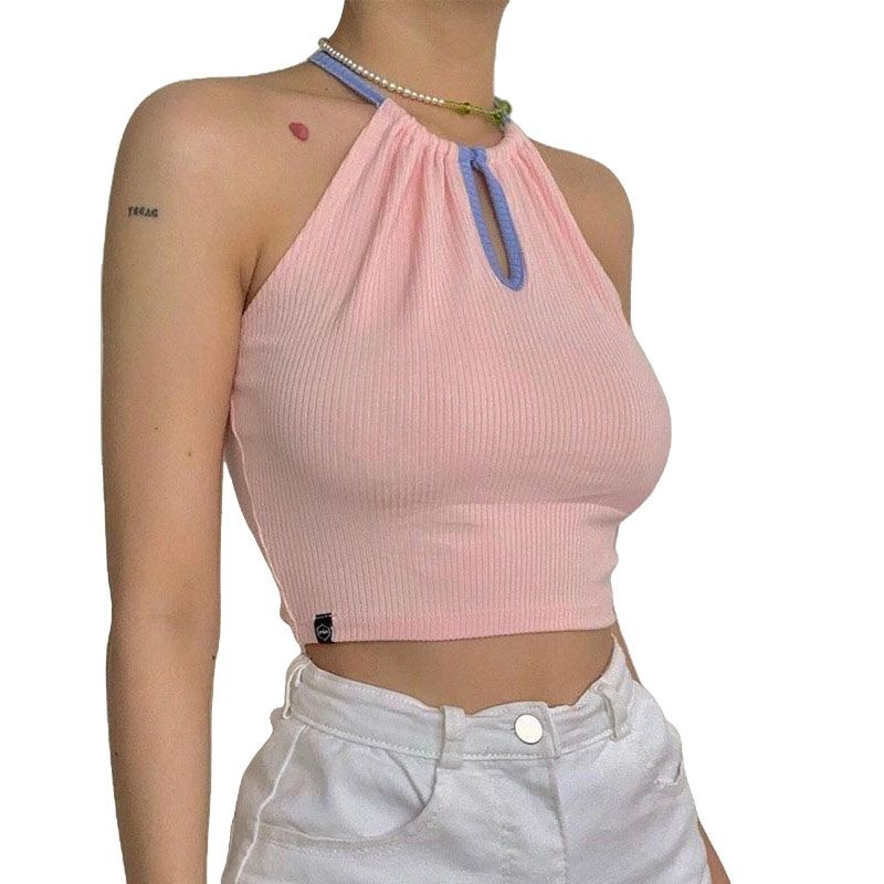 Women Summer Fashion Color-block Vest  Hollow Exposed Navel Tie-up Halter Tops