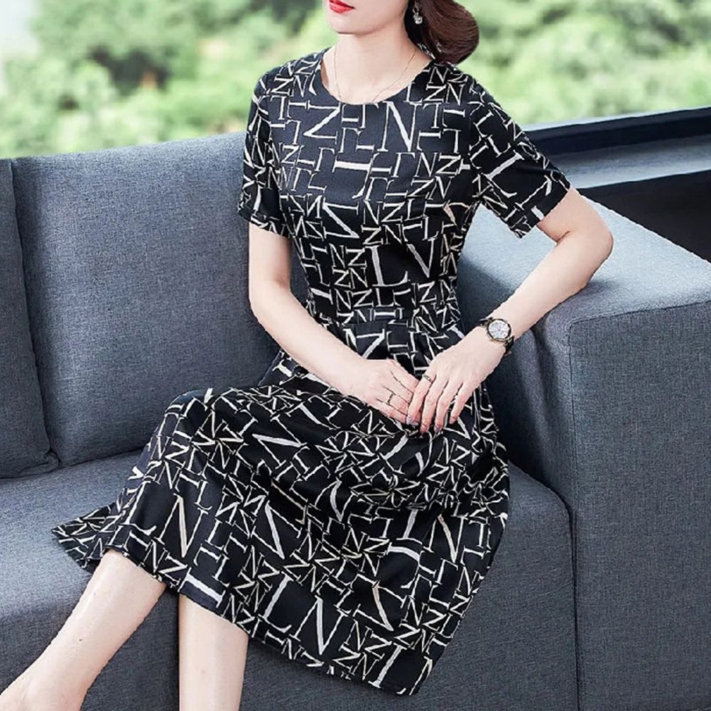 Yfashion Women Ice  Silk  Dress Loose Slim Letter Print Round Neck Pullover High Waist A-line Skirt d-length Skirt Short Sleeve Dress color:Orange size:M