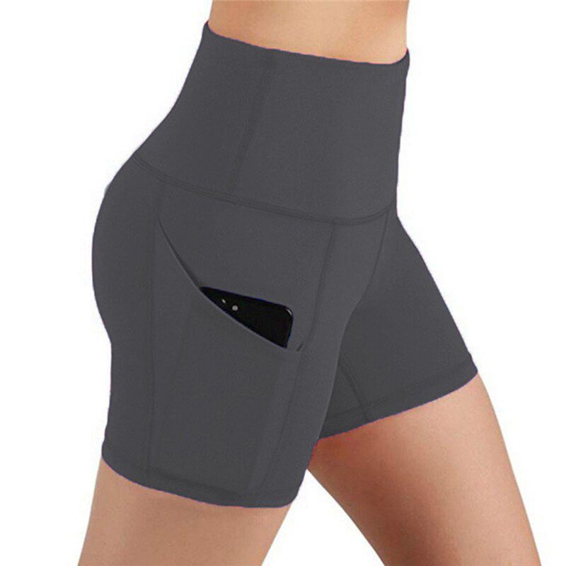 Women Gym Shorts High Waist Lifting Push Up Tight Cycling Sports Leggings + Phone Pocket Jogging Running Fitness Short Pant