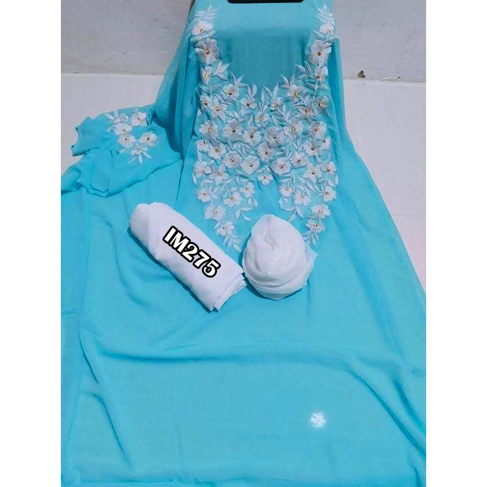 Blue Color Indian Unstitched  Georgette Glass Work Salwar Kameez For Women {3 Piece}