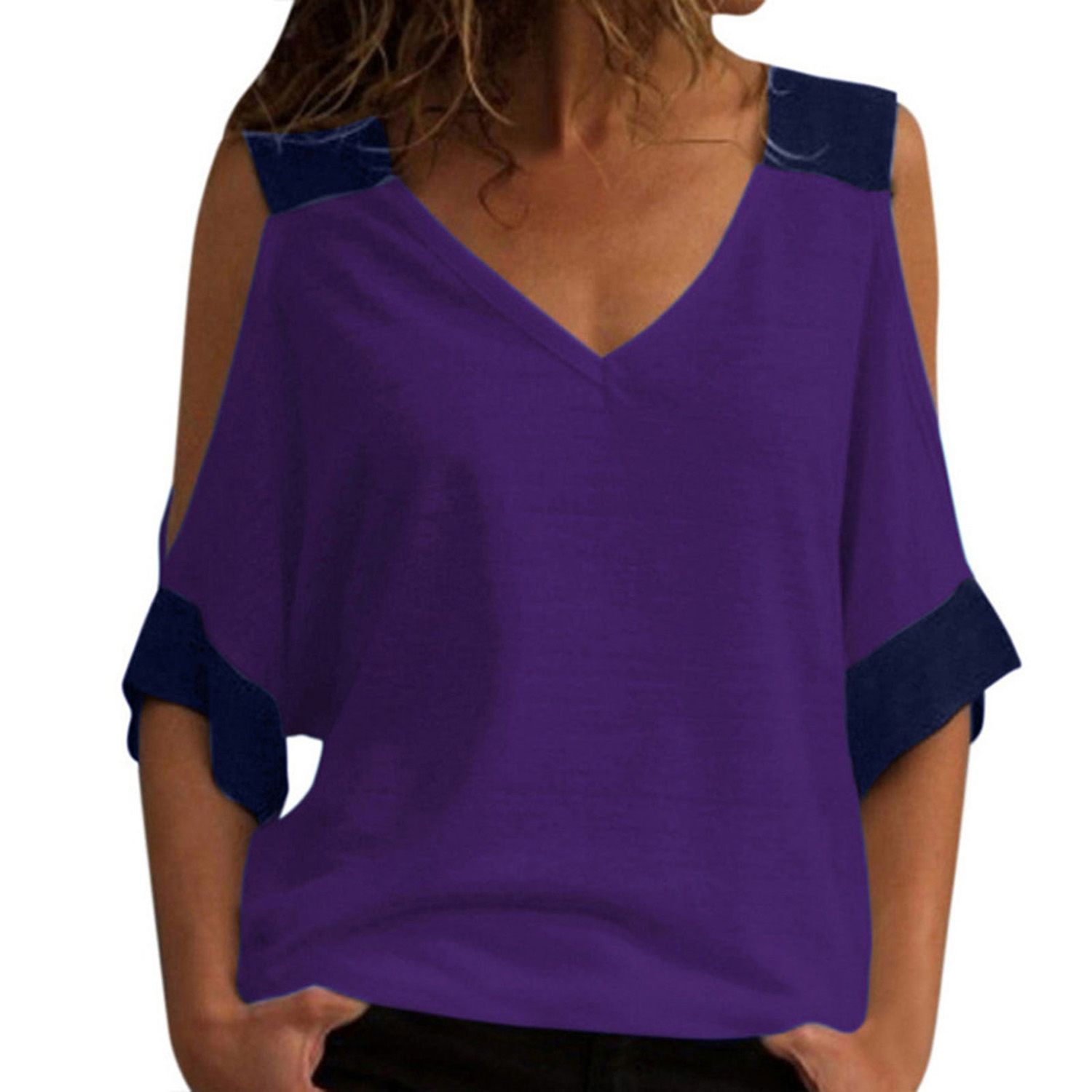 Women T-shirt Hollow Out Sleeve Off Shoulder Patchwork Blouse Top