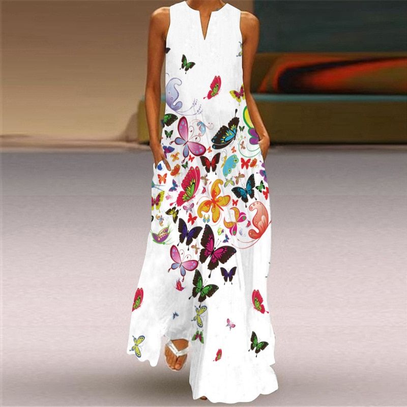 Summer Women Fashion Printed Flowers Sleeveless Casual Dress Sundress Ladies Elegant Party Vintage Pea feather Long Dresses
