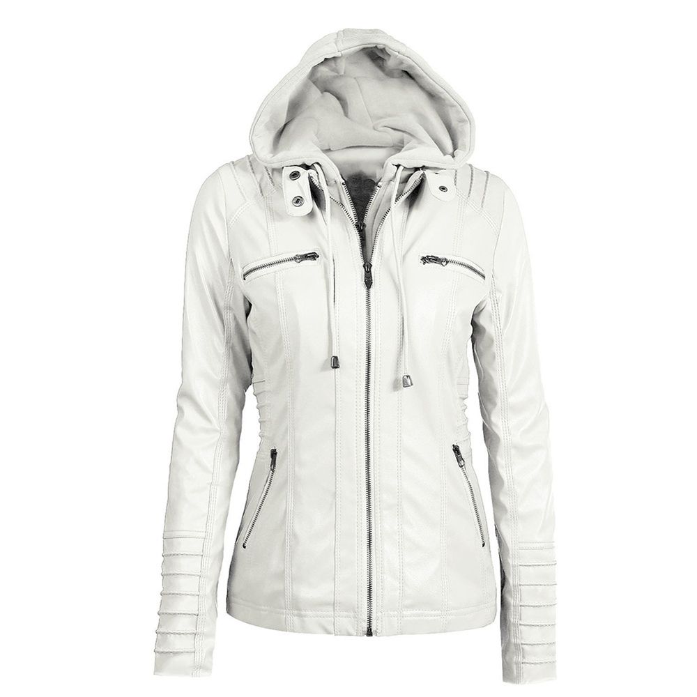 Women Autumn Faux Leather Long Sleeve Hooded Zipper Motorcycle Jacket
