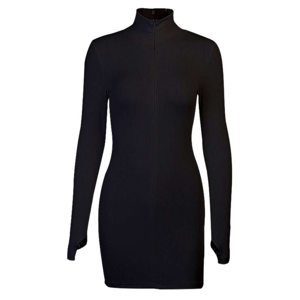 Women Turtle Neck Long Sleeve Zip Ribbed Dress