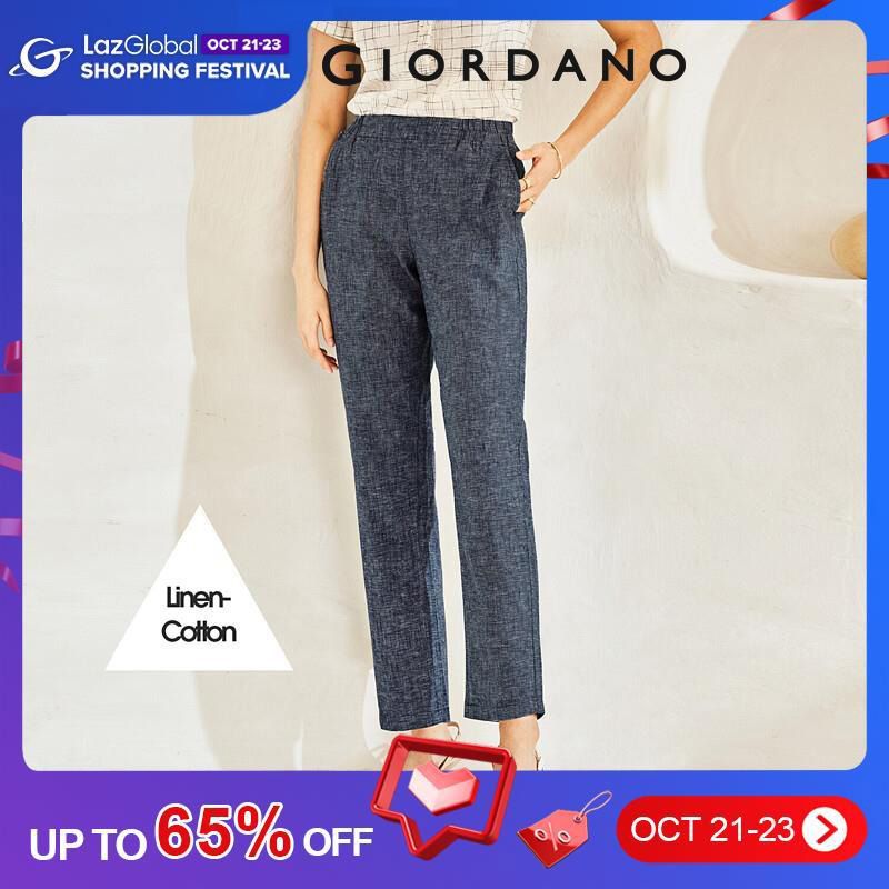 Women Pants Mid-Rise Slant Pockets Solid Pants Ankle-Length Linen-Cotton Casual Pants  05410096