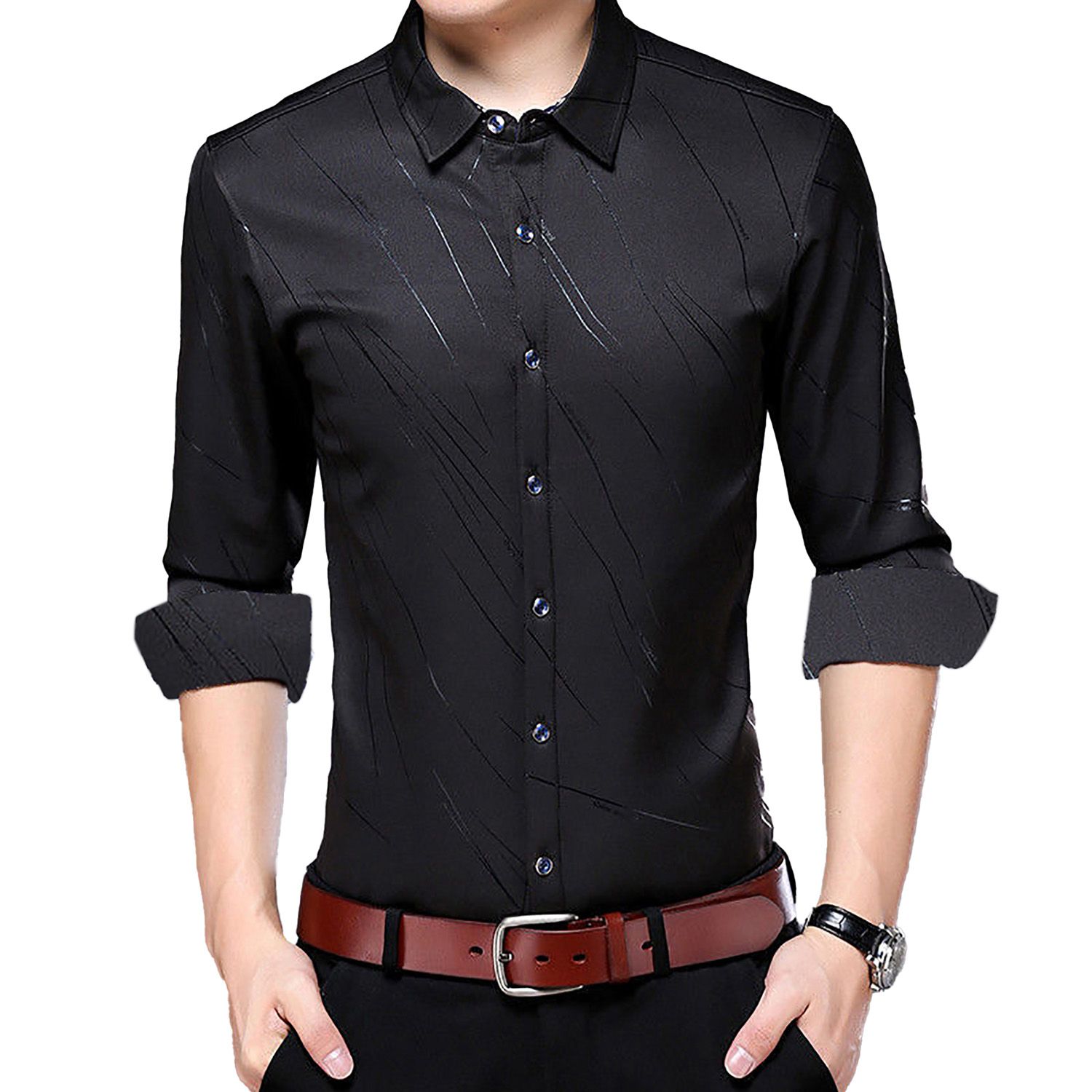 Fashion Men Long Sleeve Turn Down Collar Letters/Stripes Print Buttons Shirt Top