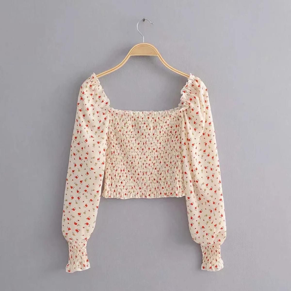 Women Puff Sleeve Pullover Top Fashion Floral Square Collar Pleated Exposed Navel T-shirt