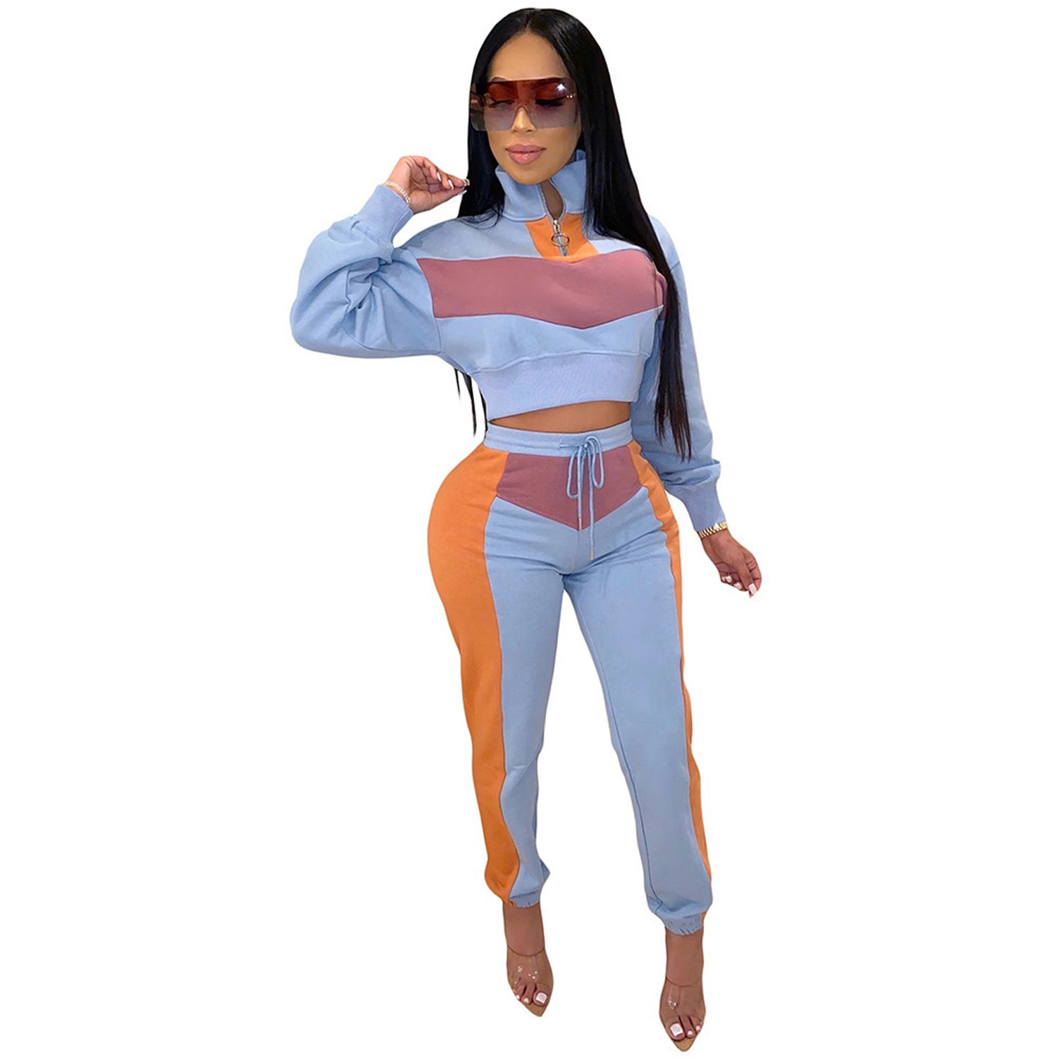 2021 Women 2 Pcs Tracksuit Sets, Color Block High Neck Long Sleeve Crop Top + Elastic Waist Pant  Fitness
