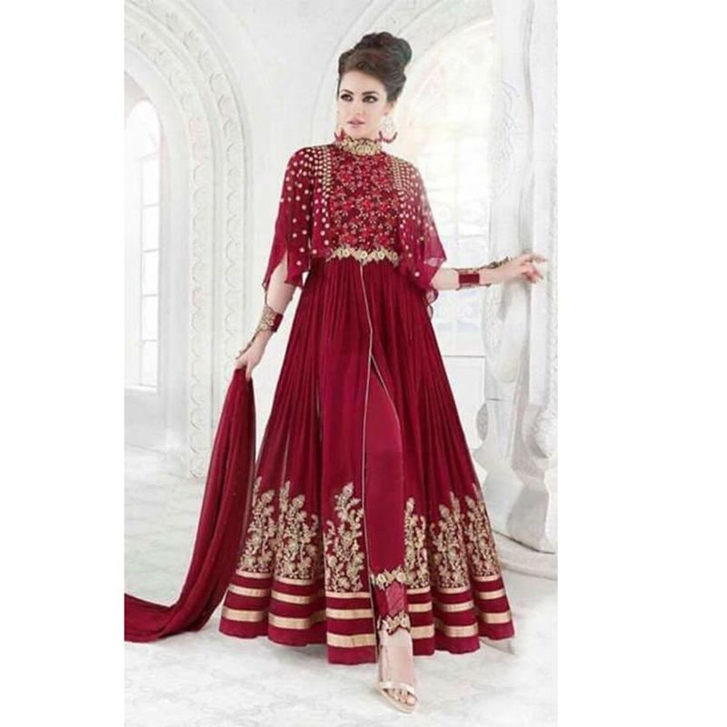 Dark Maroon Georgette Semi Stitched Party Dress for Women