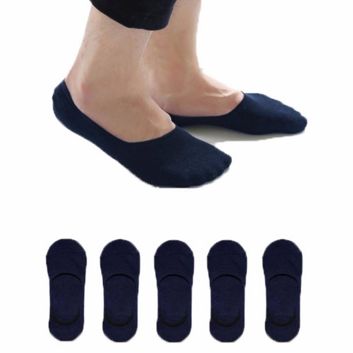 5 pair Casual Invisible Cotton Liner Socks Ankle Low Cut Thin Loafers Non Slip Boat Liners Mens No Show Sock for men Navy Blue - intl