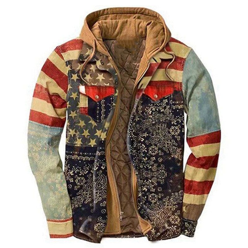 Riinr Men's Thick Cotton-Padded Jacket Autumn And Winter Fashion Creative Non-Positioning Printing Loose Hooded Jacket Men