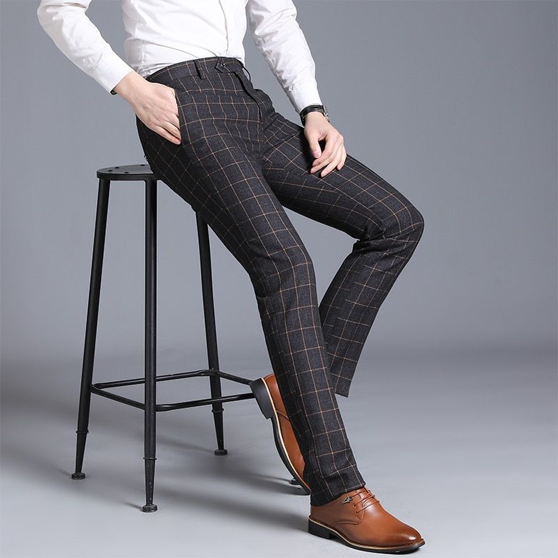 Formal Business Straight Casual Slim Fashion Plaid Mens Suit Patns High-end  Wedding Dress Male Trousers