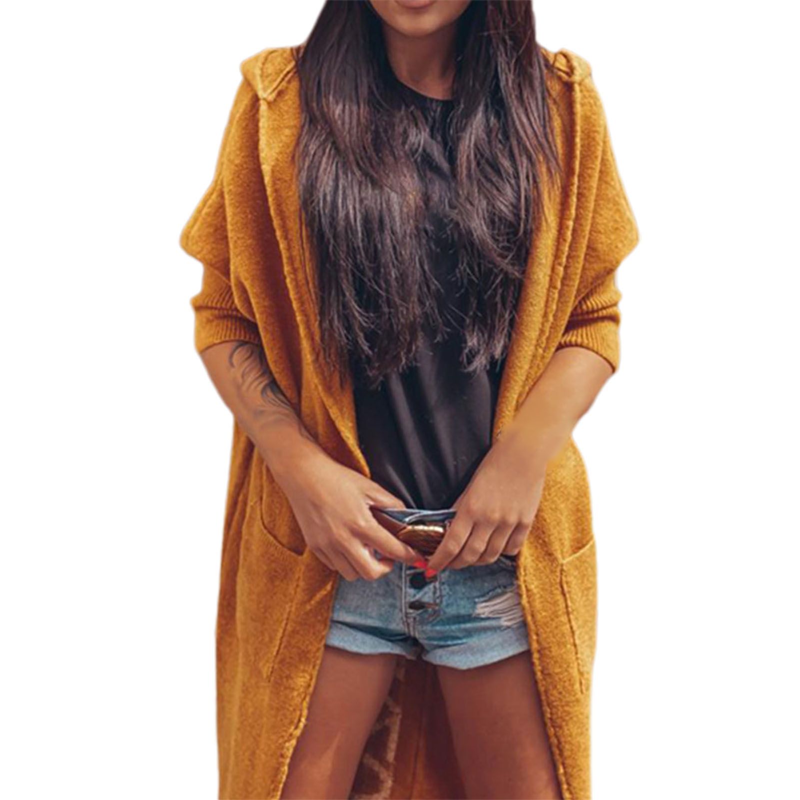 Knitted Coat Ribbing Cuffs Letters Print Hooded Pockets Sweater Coat
