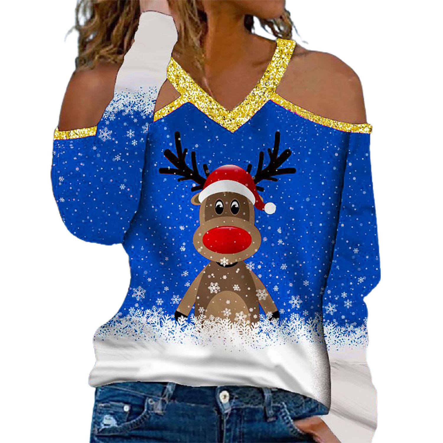 Women Top Loose Fit Snowflake Print Off Shoulder Xmas Blouse