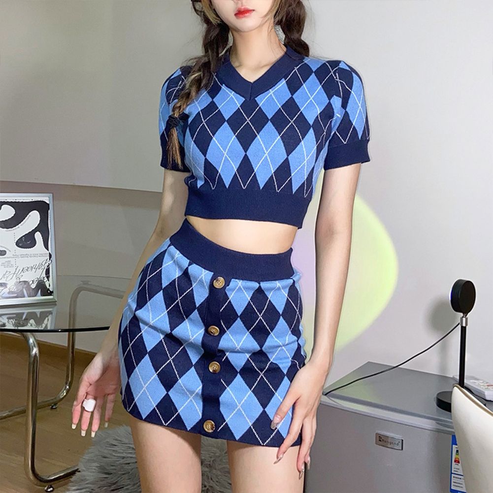 Yfashion Women Knitted -fit Crop op Pullover Sweater Retro Rhombus V-neck Knitted op color