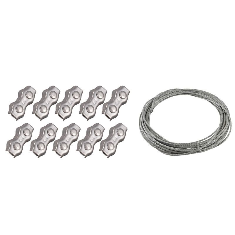 11 Pcs Stainless Steel Wire Rope Clamps+Cable: 10 Pcs 3Mm Duplex Clips Wire Cable Rope Grips Clamps Caliper & 1 Pcs Flexible Wire Rope Cable